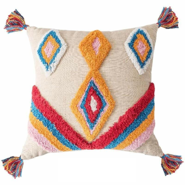Coussin Style Marocain Bohème À Franges Beige jaune pompom