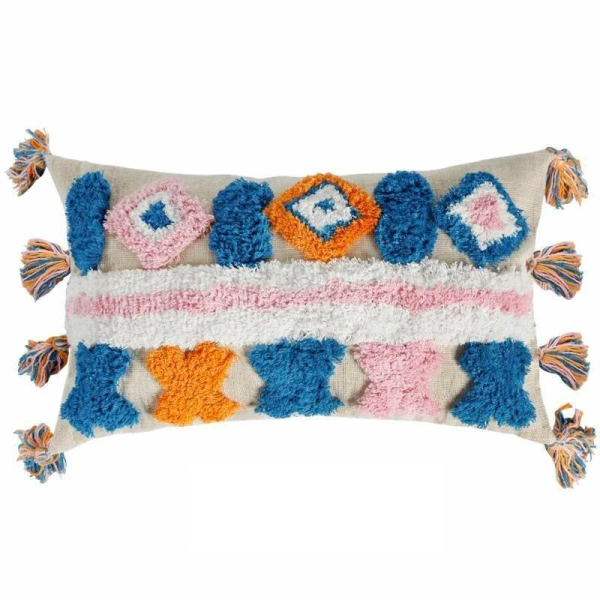Coussin Style Marocain Bohème À Franges Beige bleu