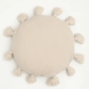 Coussin Rond Doux À Pompons Beige