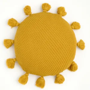 Coussin Rond Doux À Pompons Jaune