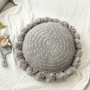 Coussin Rond À Pompons Gris