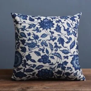 Coussin En Lin Porcelaine Bleu Fleuri