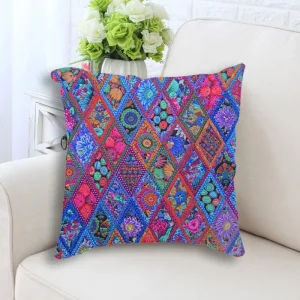 Coussin Bohème En Coton Lin 45x45cm Bleu Rouge