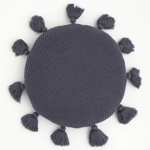 Coussin Rond Doux À Pompons Gris Foncé