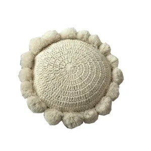 Coussin Rond À Pompons Beige