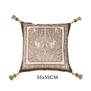 Coussin Velours Crème Jungle Léopard 55x55cm Carré Avec Pompom